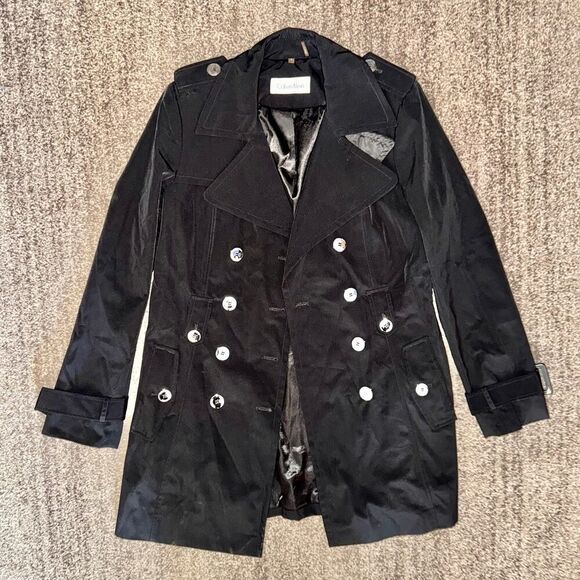 Calvin Klein Women's Double Breasted Black Button Trench Coat Jacket Size Small - Picture 1 of 15